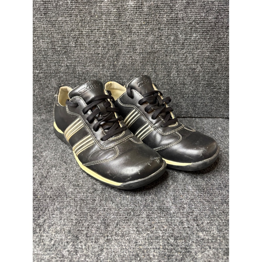 Skechers 3478 Black Leather Vintage Y2K Low Top Sneakers Womens 8 Gold Stripes